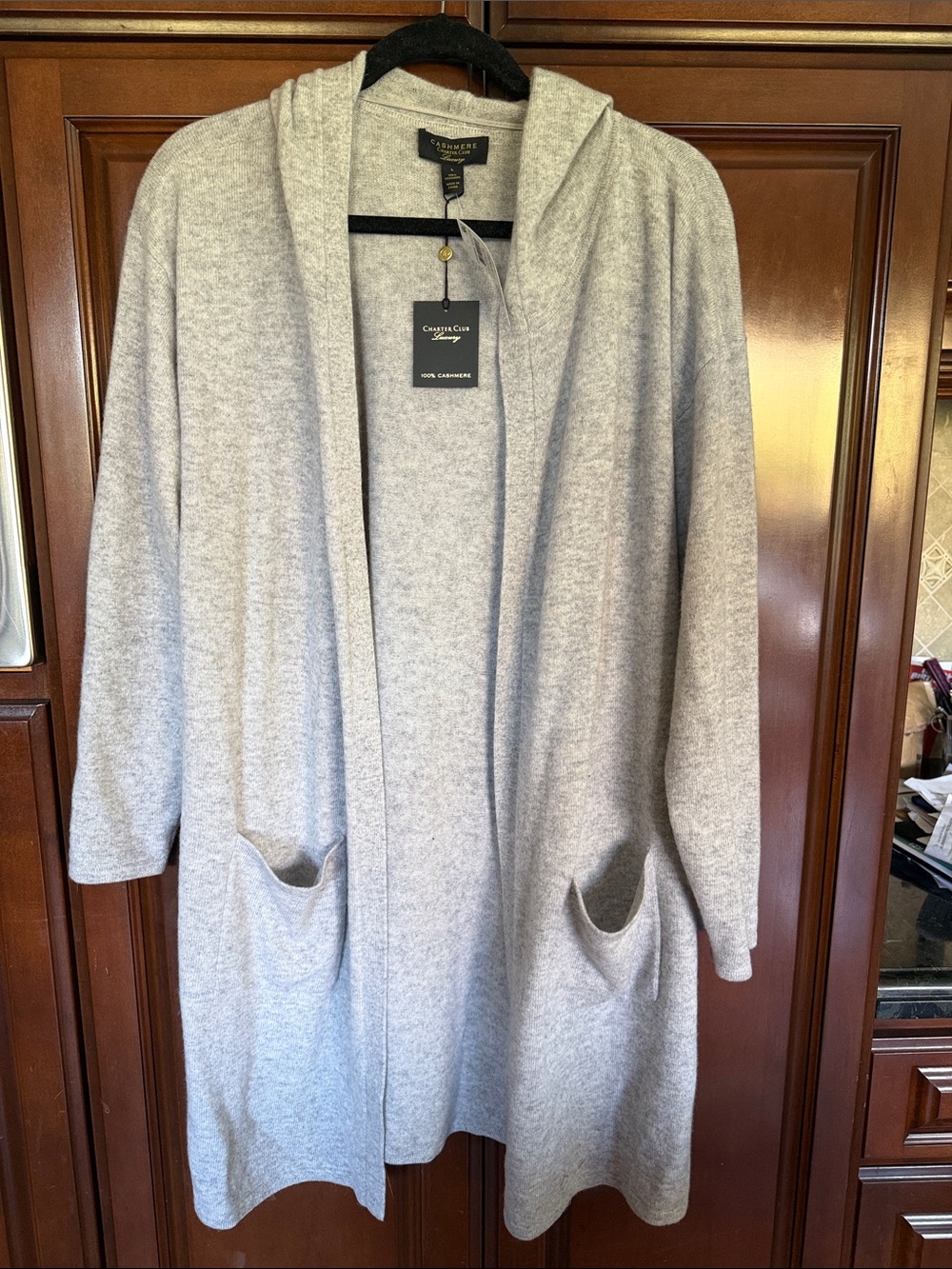 Charter Club Light Gray Cashmere Hooded Open Cardigan
